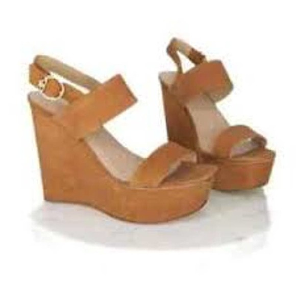 Tory Burch Shoes - Tory Burch Loretta Platform Wedge Heeled Sandals Suede Tan 37983 Size 9.5